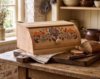 Handmade Wooden Bread Box with Floral Folk Art