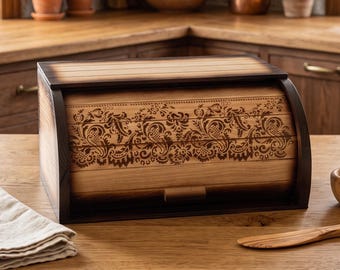 Scatola per il pane in legno fatta a mano con motivo floreale ucraino, contenitore per il pane in legno di faggio