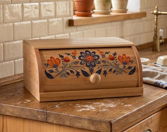 Scatola per il pane in legno fatta a mano con decorazioni floreali in stile folk / Contenitore per il pane in legno naturale con coperchio a rullo