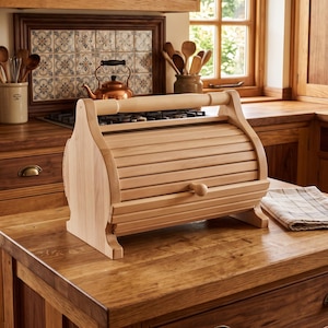 May include: A light-colored wooden bread box with a roll-top lid and a small round knob handle. The bread box features a curved side profile and a sturdy base, designed for countertop storage of baked goods in a kitchen setting.