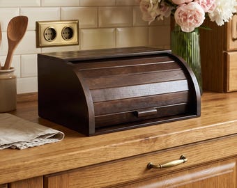 Scatola per il pane in legno fatta a mano con coperchio arrotolabile, contenitore per il pane in legno scuro