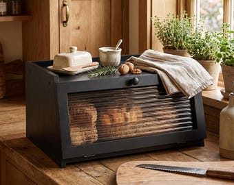 Scatola per il pane in legno nero con finestra trasparente