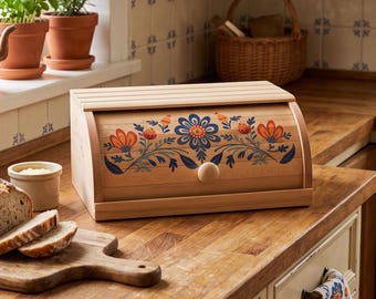 Scatola per il pane in legno di faggio fatta a mano con motivo floreale folk