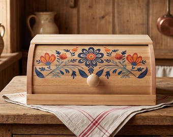 Scatola per il pane in legno fatta a mano con motivo floreale folk