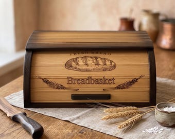 Scatola per il pane in legno di faggio fatta a mano con incisione, contenitore per il pane in legno