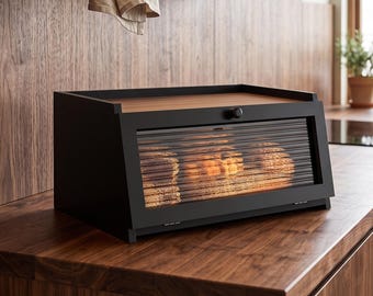 Scatola per il pane in bambù nero fatta a mano con finestra sul coperchio arrotolabile