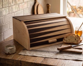 Scatola per il pane in legno fatta a mano, contenitore per il pane in legno di faggio con coperchio a rullo