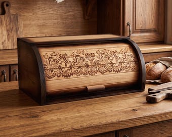 Scatola per il pane in legno fatta a mano con incisione floreale ucraina.