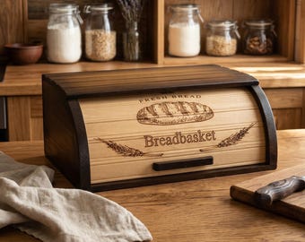 Scatola per il pane in legno di faggio scuro, realizzata a mano e con incisione.