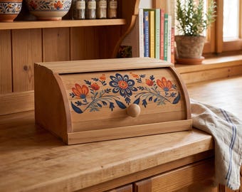 Scatola per il pane in legno di faggio fatta a mano con motivo floreale folk, contenitore per il pane in legno con coperchio a rullo