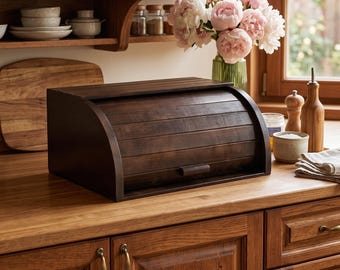 Scatola per il pane in legno fatta a mano con coperchio arrotolabile