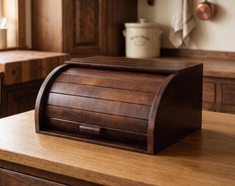 Scatola per il pane in legno di faggio realizzata a mano con coperchio arrotolabile.