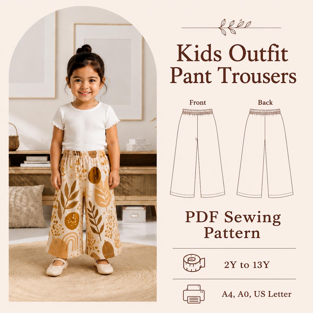 A4 Chart Pattern Palazzo Pants Sewing Pattern for Kids 2-13 Years, Elastic Waist Wide ...