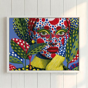 Upplöses i mönster, kvinnaporträtt med prickar, Kusama-inspirerad abstrakt digital nedladdningsbar väggkonst
