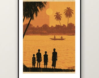 Lámina con imagen de una puesta de sol en Costa de Marfil / Póster de viaje africano vintage (descarga digital)