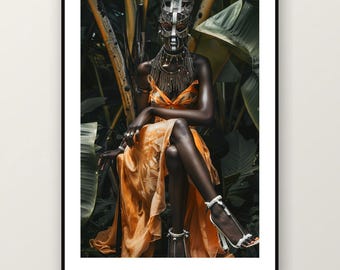Estampado de mujer con máscara africana / Retrato femenino tribal, decoración afrocéntrica (descarga digital)