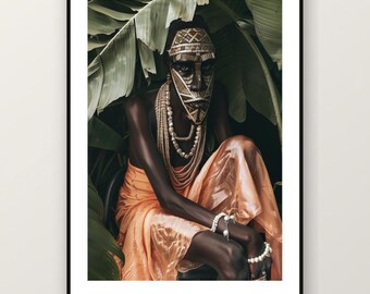 Estampado de mujer con máscara africana / Retrato femenino tribal, arte mural editorial de la jungla (descarga digital)
