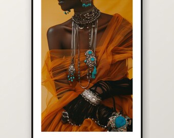 Fotografía editorial de joyería africana / Ornament Queen Fashion Photography, arte mural maximalista bohemio (descarga digital)