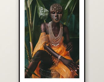 Estampado de mujer con máscara africana / Retrato femenino tribal, decoración afrocéntrica (descarga digital)