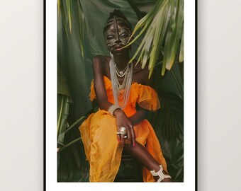 Estampado de mujer con máscara africana / Retrato femenino tribal, arte mural editorial de la jungla (descarga digital)