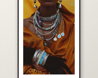 Fotografía editorial de joyería africana / Ornament Queen Fashion Photography, arte mural maximalista bohemio (descarga digital)
