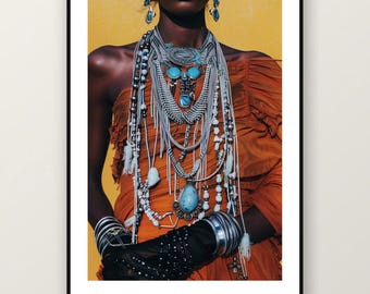 Fotografía editorial de joyería africana / Ornament Queen Fashion Photography, arte mural maximalista bohemio (descarga digital)