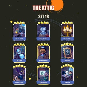 Op de afbeelding: Een digitale verzameling van negen spelkaarten getiteld THE ATTIC SET 18, met illustraties van personages en objecten waaronder Up the Hatch, Derpy Statue, Ghostly Glow, Be a Doll, Mr. Mannequin, Miss Mary, Hats Off to Ya, The Watcher en Tea Time.