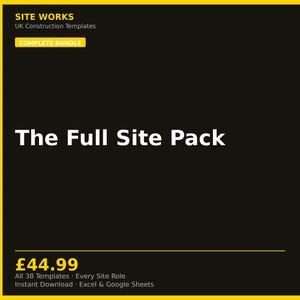 Puede incluir: Un gráfico digital negro con detalles en amarillo que presenta el texto SITE WORKS UK Construction Templates, COMPLETE BUNDLE, The Full Site Pack y 38 plantillas para Excel y Google Sheets. El diseño incluye un borde y texto en amarillo.