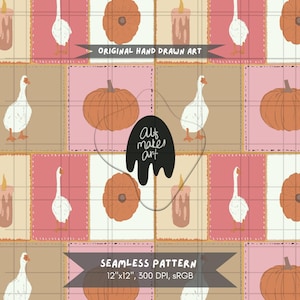 May include: A seamless digital pattern featuring repeating illustrations of white geese, orange pumpkins, and pink candles arranged in a grid of pink and tan squares. The design includes the text ORIGINAL HAND DRAWN ART and SEAMLESS PATTERN 12"x12", 300 DPI, sRGB.