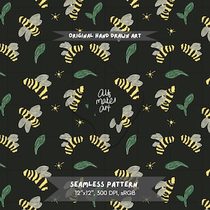 Yellow and Black Digital Paper with Bee PNG, Whimsical Bumblebee Art Seamless File | Backpack Print, Bodysuit Pattern, Baby Socks Print