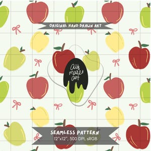 May include: A seamless pattern featuring red, yellow, and green apples with small pink bows on a white grid background. Text includes ORIGINAL HAND DRAWN ART, alt makes art, and SEAMLESS PATTERN 12"x12", 300 DPI, sRGB.