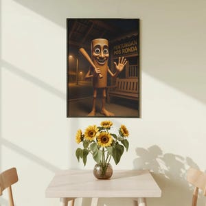 Op de afbeelding: Een ingelijste kunstdruk met een beige, cilindervormig antropomorf figuur met grote ogen en een brede glimlach, die een honkbalknuppel vasthoudt. De tekst PENTUNGAN POS RONDA is zichtbaar op de muur van het gebouw op de achtergrond.