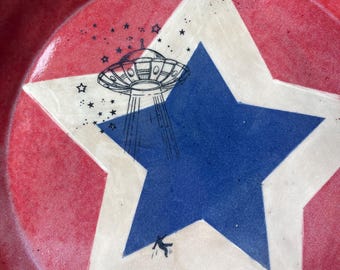 Commissioned Tray: Underglaze UFO Abduction Design, Made to Order