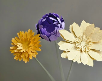 Daisy yellow/purple paper flowers with stem 17 inch tall Bouquet Valentine, Birthday, Aniversary