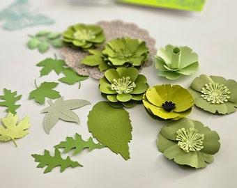 GREEN  Paper flowers 7 pcs with leaves