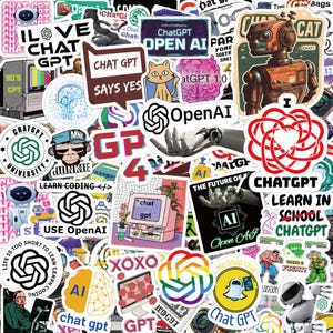 May include: A collection of assorted vinyl stickers featuring various designs related to ChatGPT and artificial intelligence. The stickers include logos, robotic illustrations, brain graphics, retro computer imagery, and text such as I Love ChatGPT.