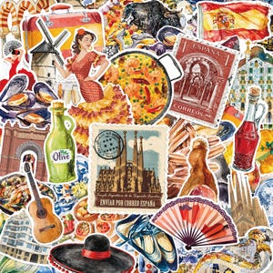 Puede incluir: Una colección de pegatinas con iconos culturales españoles, incluyendo una bailaora de flamenco, una paellera, la Sagrada Familia, una guitarra, un toro, un abanico, una botella de aceite de oliva, un sombrero y sellos con el texto ESPAÑA y ENVIAR POR CORREO ESPAÑA.