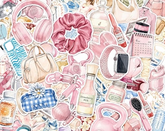 100PCS Watercolor Girly Fitness Sticker Pack, Cute Sports Gym Lifestyle Doodle Stickers for Laptop, Guitar, Luggage, Journal, Water Bottle