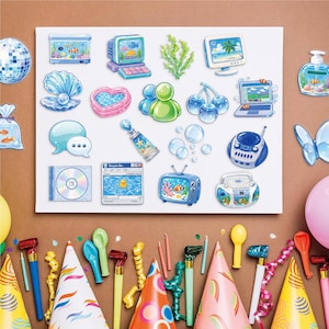 May include: A sticker sheet featuring Y2K-inspired illustrations including a disco ball, fish tanks, a computer, a pearl in a shell, a heart-shaped pool, cherries, a laptop, speech bubbles, a perfume bottle, bubbles, a CD, a TV, and a boombox.