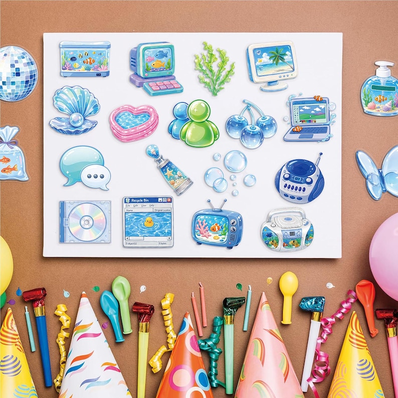 May include: A sticker sheet featuring Y2K-inspired illustrations including a disco ball, fish tanks, a computer, a pearl in a shell, a heart-shaped pool, cherries, a laptop, speech bubbles, a perfume bottle, bubbles, a CD, a TV, and a boombox.