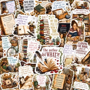 Könnte beinhalten: Eine Sammlung von gestanzten Aufklebern mit verschiedenen Illustrationen zum Thema Bücher, darunter Bücherstapel, aufgeschlagene Seiten mit Schreibfedern, Leseecken und humorvolle Textzitate über das Lesen in einem detaillierten Stil.