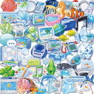 May include: A collection of Y2K-inspired stickers featuring blue and green aquatic themes, including fish, coral, seashells, computers, music players, a disco ball, a globe, a clover, cherries, and a recycle bin window with a yellow duck icon.