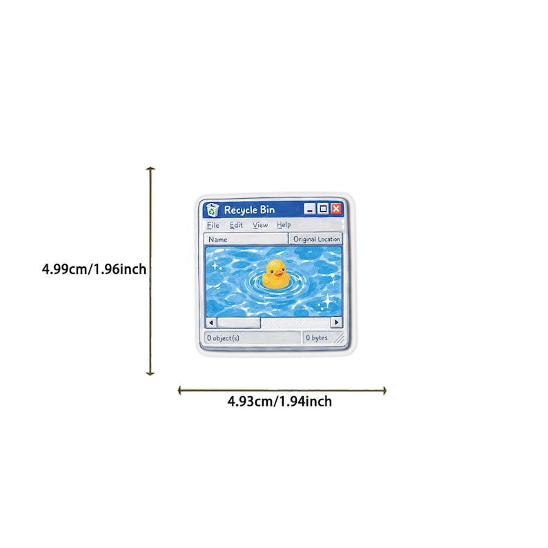 May include: A square sticker featuring a computer Recycle Bin window interface with a yellow rubber duck floating in blue water. The sticker measures 1.96 inches in height and 1.94 inches in width, as indicated by the visible measurement lines.