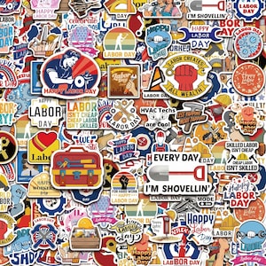 May include: A collection of Labour Day themed stickers featuring various tools, construction equipment, and slogans like Happy Labour Day, Labour Creates All Wealth, and I'm Shovellin'. The stickers are colourful, featuring red, blue, and yellow.