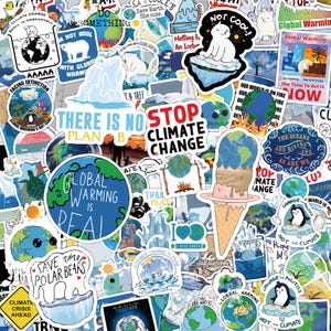 Könnte beinhalten: Eine Sammlung von Vinyl-Aufklebern zum Thema Klimawandel mit Illustrationen von Eisbären, schmelzenden Eisbergen, der Erde, Pinguinen und Texten wie Stop Climate Change, Global Warming Is Real und There Is No Plan B.