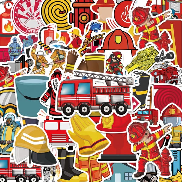 50PCS Firefighter Sticker Pack, Cartoon Firefighter Stickers, Rescue Theme Stickers, Hero Kids Stickers for Laptops, Luggage, Notebooks