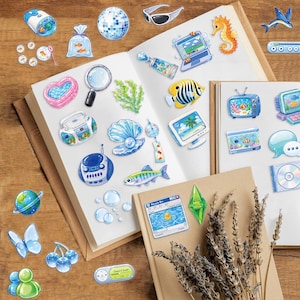 May include: A collection of Y2K-inspired stickers featuring various illustrations including a disco ball, a seahorse, a magnifying glass, a seashell with a pearl, a retro computer, a boombox, a globe, a butterfly, and a Recycle Bin window.