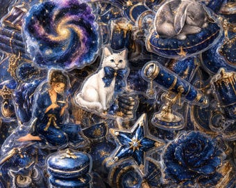 May include: A collection of celestial-themed stickers featuring a spiral galaxy, a sleeping rabbit on a star-patterned cushion, a white cat with a blue bow, a person in a blue robe, a telescope, a blue star, a blue rose, and blue macarons.