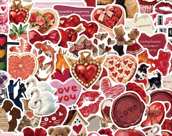 Pacote com 50 adesivos românticos em formato de coração, adesivos vintage de amor, adesivos vermelhos fofos, adesivos aconchegantes para casais, ideais para cadernos, laptops e capas de celular.