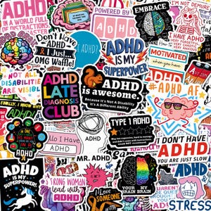 May include: A collection of colorful vinyl stickers featuring various ADHD-themed designs, slogans, and illustrations including brains, skeletons, and text such as ADHD is my superpower, ADHD late diagnosis club, and ADHD is awesome.